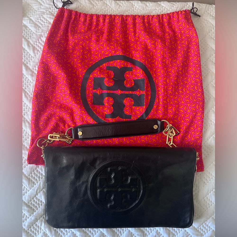Black Leather Tory Burch Reva Clutch
